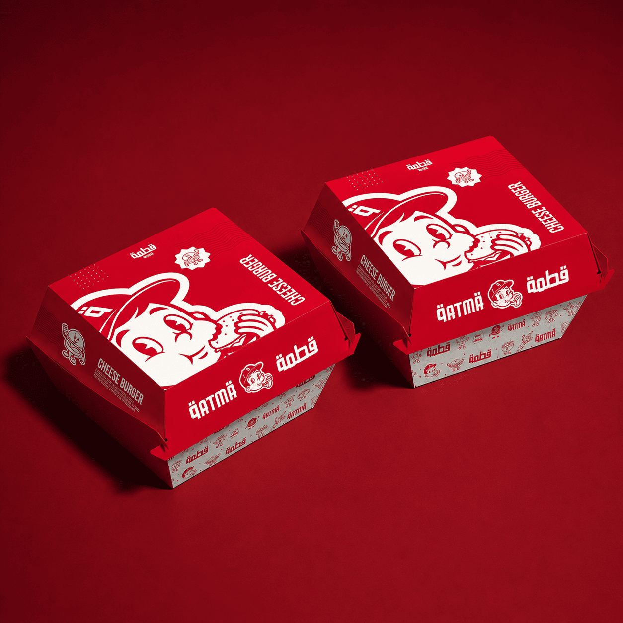 Printed burger boxes lined up on a service counter at a corporate event activation