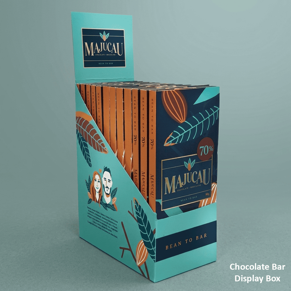 Printed chocolate bar boxes lined up on retail shelf for an Australian artisan chocolate brand