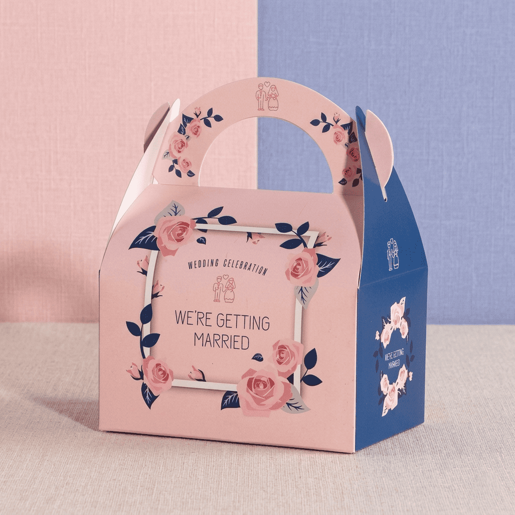 Gable boxes with built in handle for branded hampers, weddings and retail gift packaging