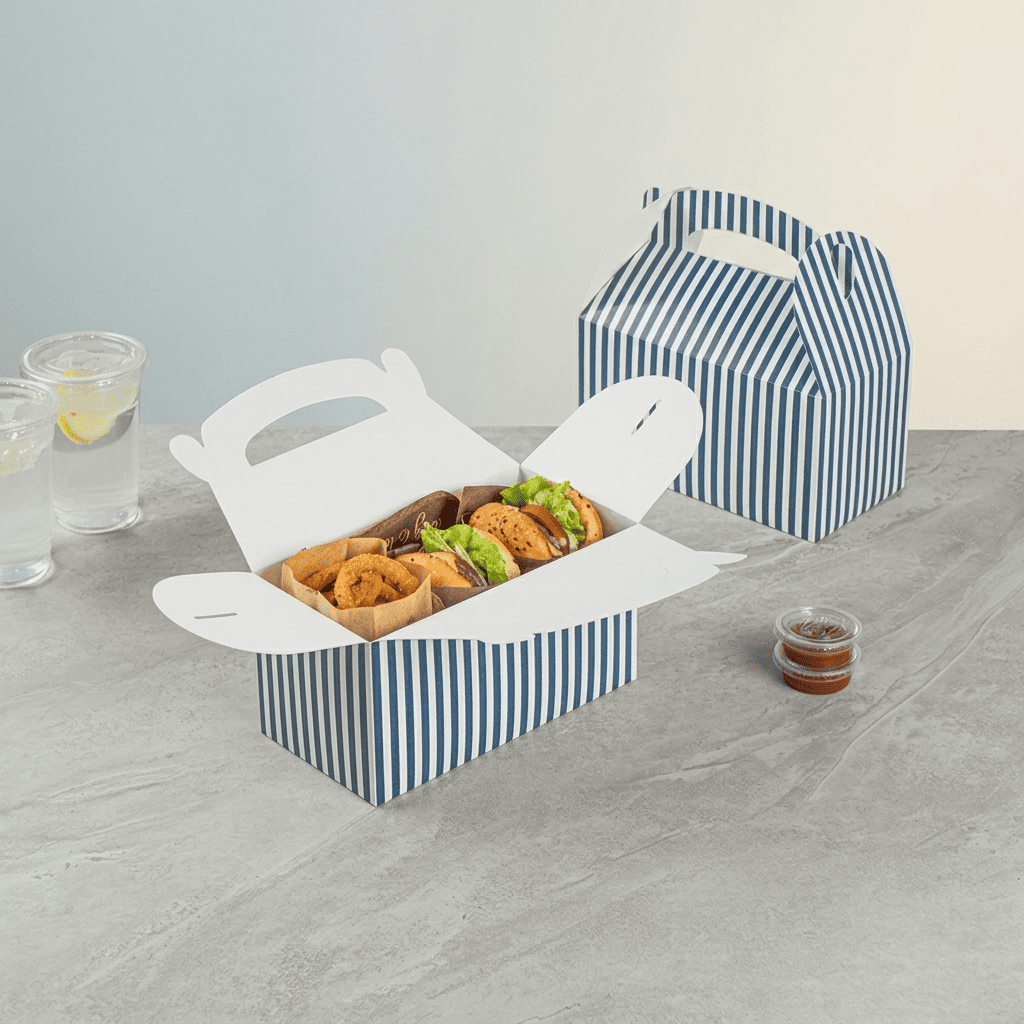 Gable food boxes for popcorn, cookies and event treats with food safe printing