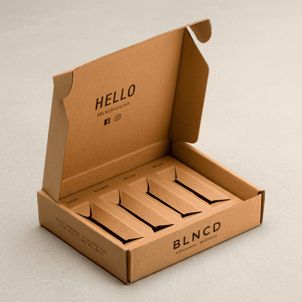 Printed cardboard boxes lined up across multiple SKUs showing consistent colour across a product range