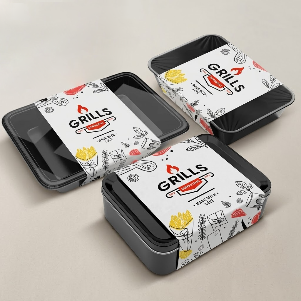 Custom cardboard sleeves designed to wrap around food containers and bowls for branded packaging